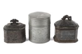 A 19th century Chinese pewter tobacco box and cover and two late 18th century lead boxes and covers,