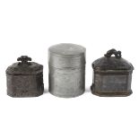 A 19th century Chinese pewter tobacco box and cover and two late 18th century lead boxes and covers,