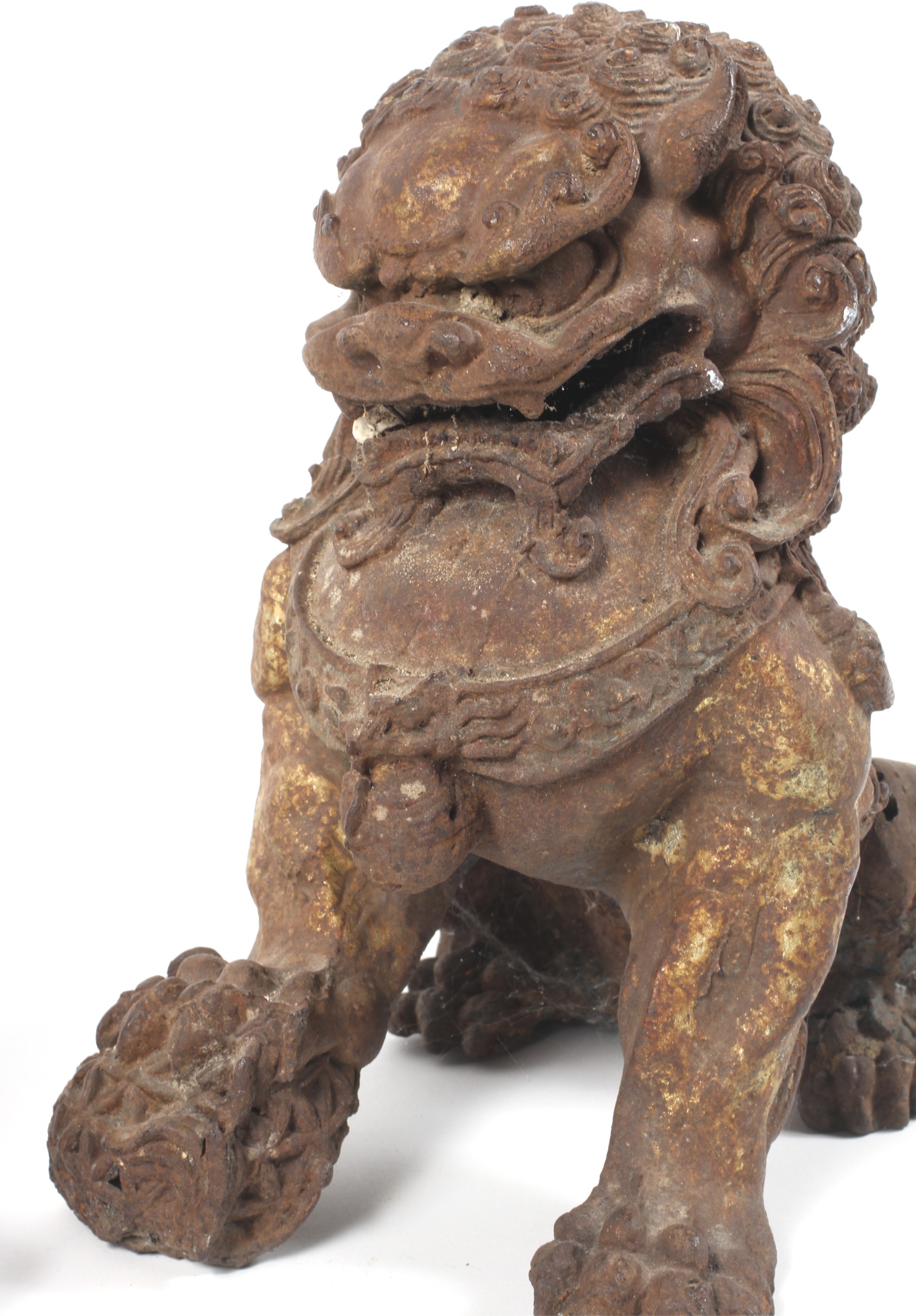 A pair of Chinese cast iron lions, each modelled seated with front paw on a brocaded ball, - Image 15 of 15