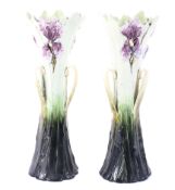 A pair of Continental pottery Art Nouveau flared cylindrical two-handled green ground vases,