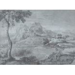 A 19th century pencil sketch, with a figure of a man before a villa and rocky mound,