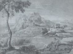 A 19th century pencil sketch, with a figure of a man before a villa and rocky mound,