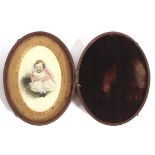 A Victorian portrait miniature of a child on ivory, of oval form, in leather case,