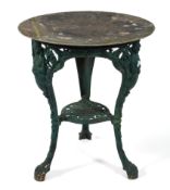 A Victorian cast iron table base, the circular top above three green/blue painted outswept legs,