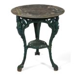 A Victorian cast iron table base, the circular top above three green/blue painted outswept legs,