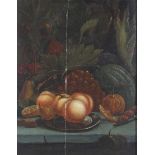 Late 19th Century School, Still Life of Fruits and Game, oil on board, in giltwood frame (cracked),