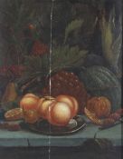 Late 19th Century School, Still Life of Fruits and Game, oil on board, in giltwood frame (cracked),