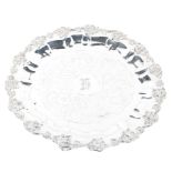 A contemporary large silver plated salver, stamped marks, the centre engraved with Gothic monogram,