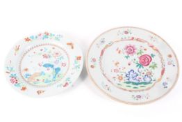 Two Chinese Export Famille Rose chargers, 18th century, painted with flowers,