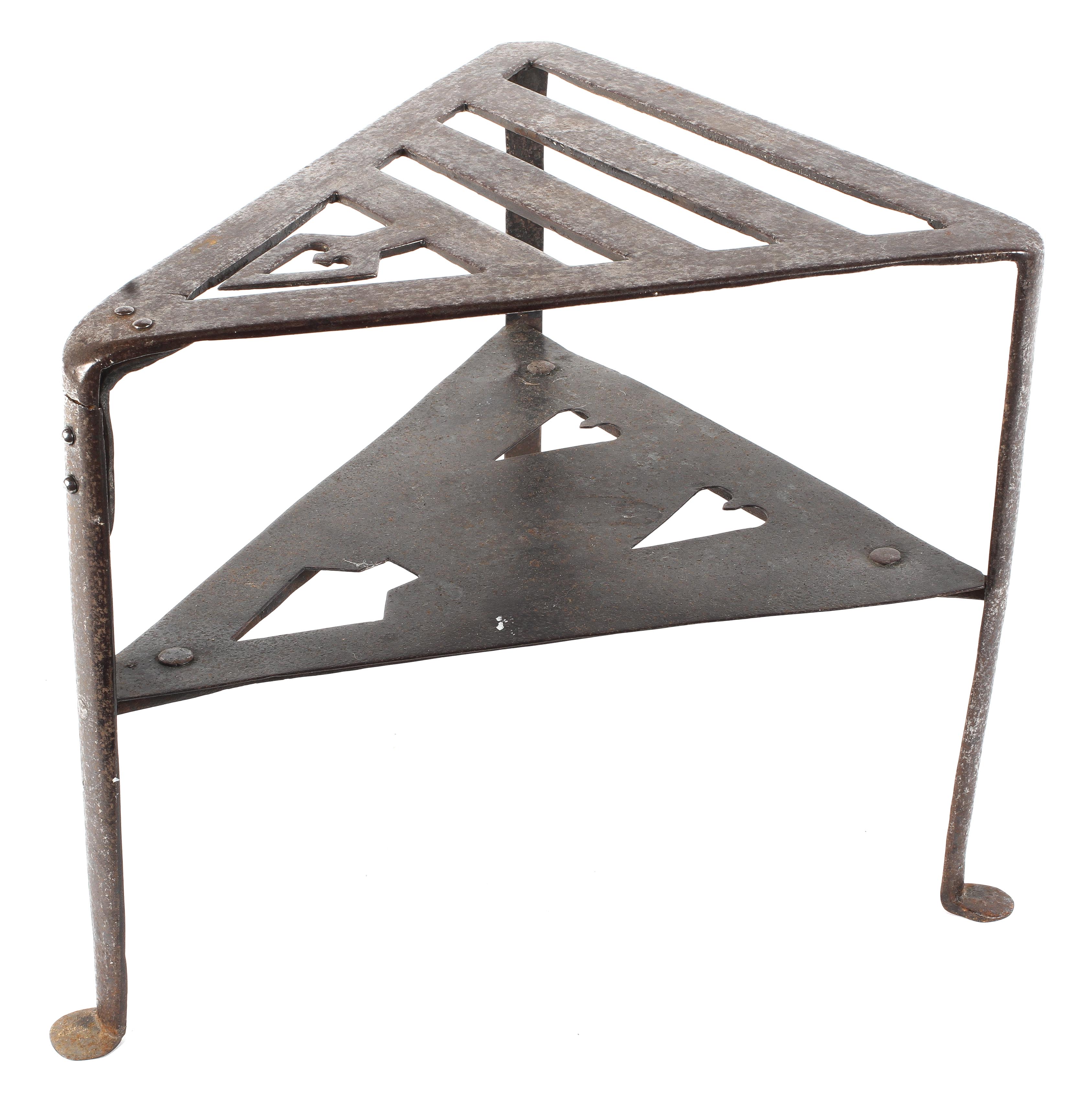 An Arts and Craft style early 20th century cast metal stand, of triangular form with two tiers, - Image 2 of 3