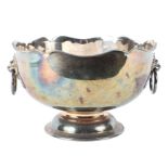 A 20th century silver plated rose bowl, with beaded waved rim and ring and lion mask handles,