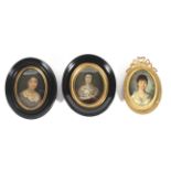 Three oval portrait miniatures of women, 19th century and later, each oil on panel,