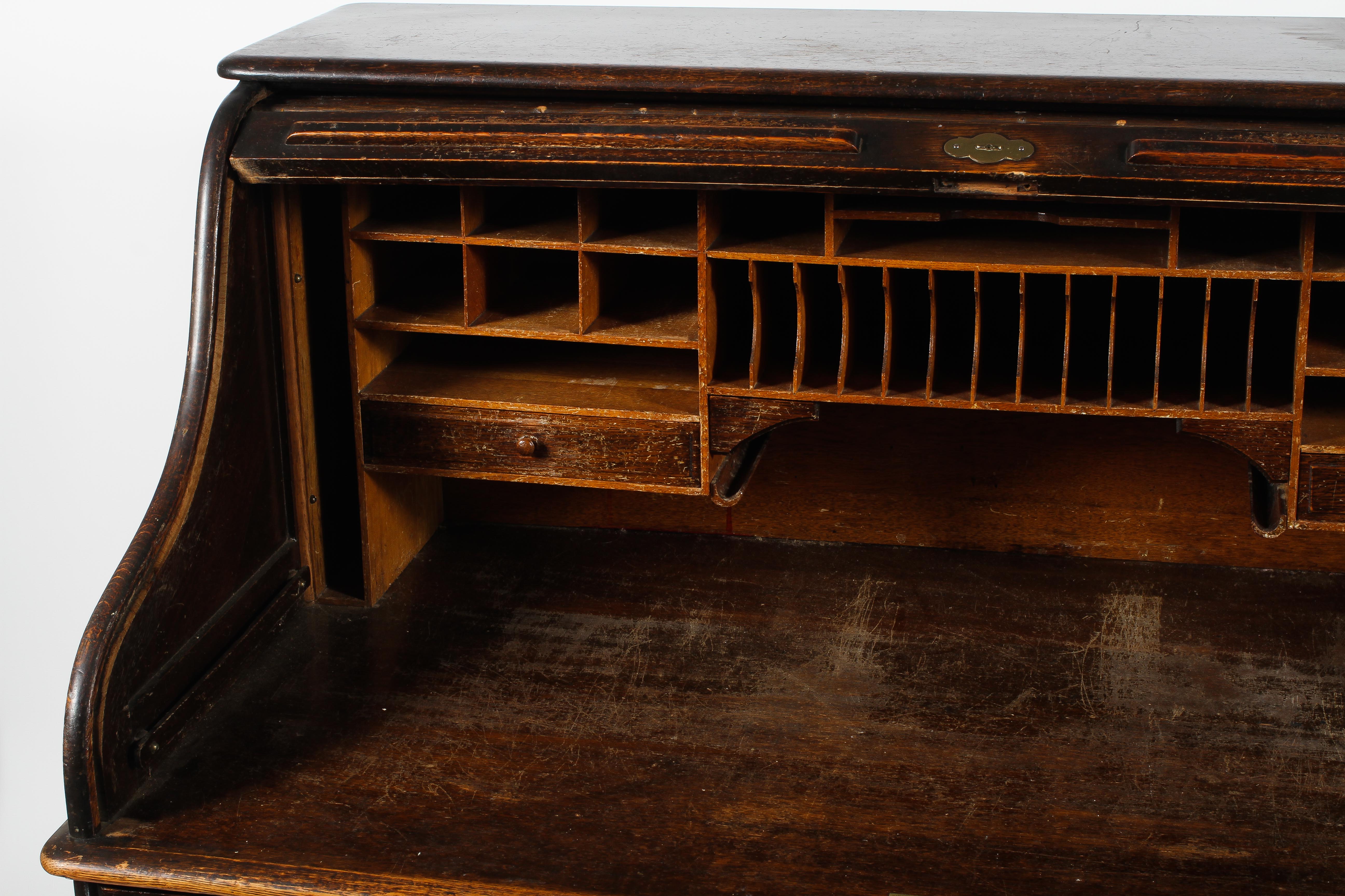 A 1940's oak roll top pedestal desk, the tambour lid enclosing a fully fitted interior, - Image 3 of 3