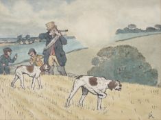 Attributed to Cecil Aldin, a partridge shoot, watercolour and ink, monogrammed CA bottom right,