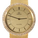 A gents 18ct gold Omega Prestige quartz wristwatch, the gilt dial with batons denoting hours,