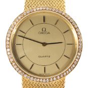 A gents 18ct gold Omega Prestige quartz wristwatch, the gilt dial with batons denoting hours,