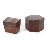Two small Georgian mahogany tea caddies, the first of hexagonal form inlaid with boxwood stringing,