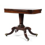 A William IV rosewood D-shaped card table, the hinged top inset with red baize,