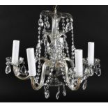 Five branch electric crystal chandelier with glass drops,