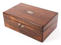A Victorian rosewood writing slope with mother of pearl inlay to to the lid