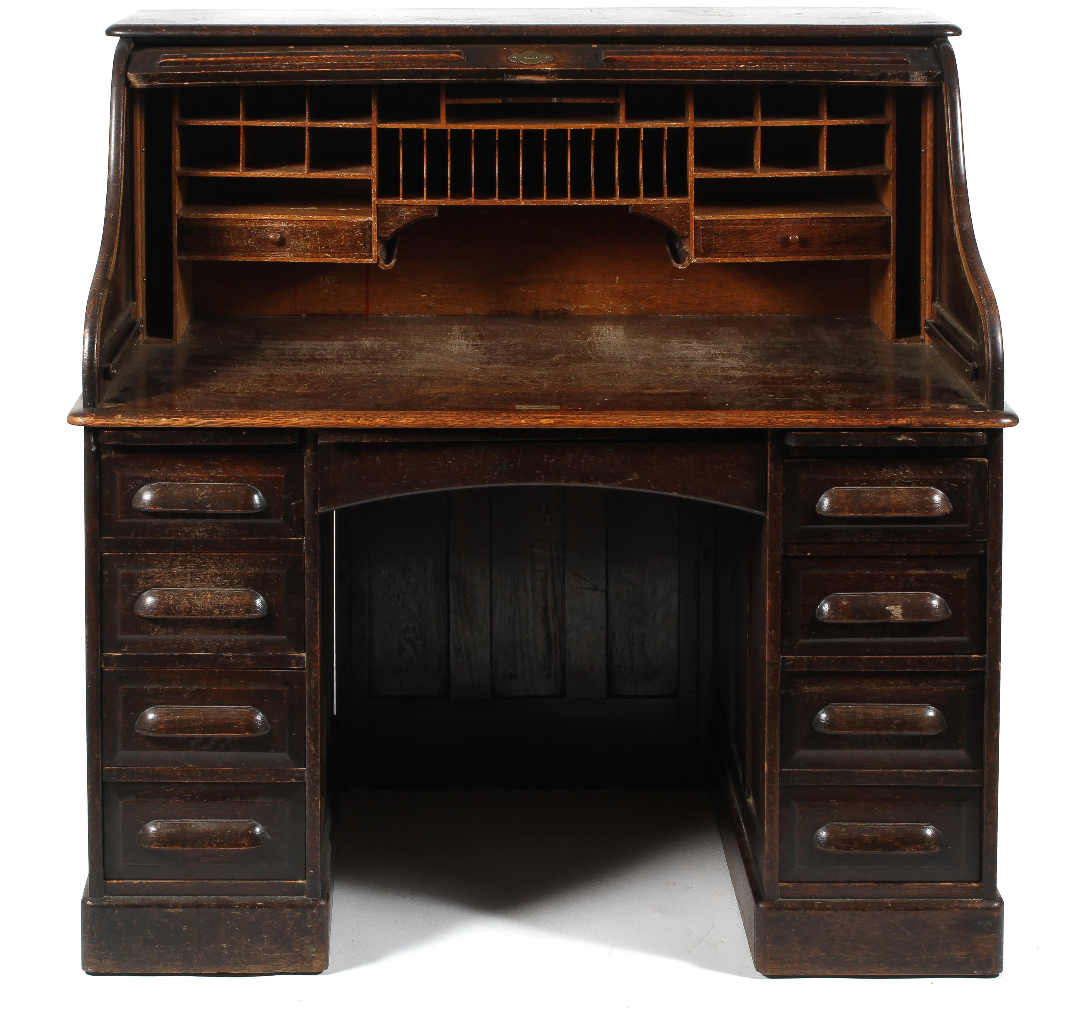 A 1940's oak roll top pedestal desk, the tambour lid enclosing a fully fitted interior, - Image 2 of 3