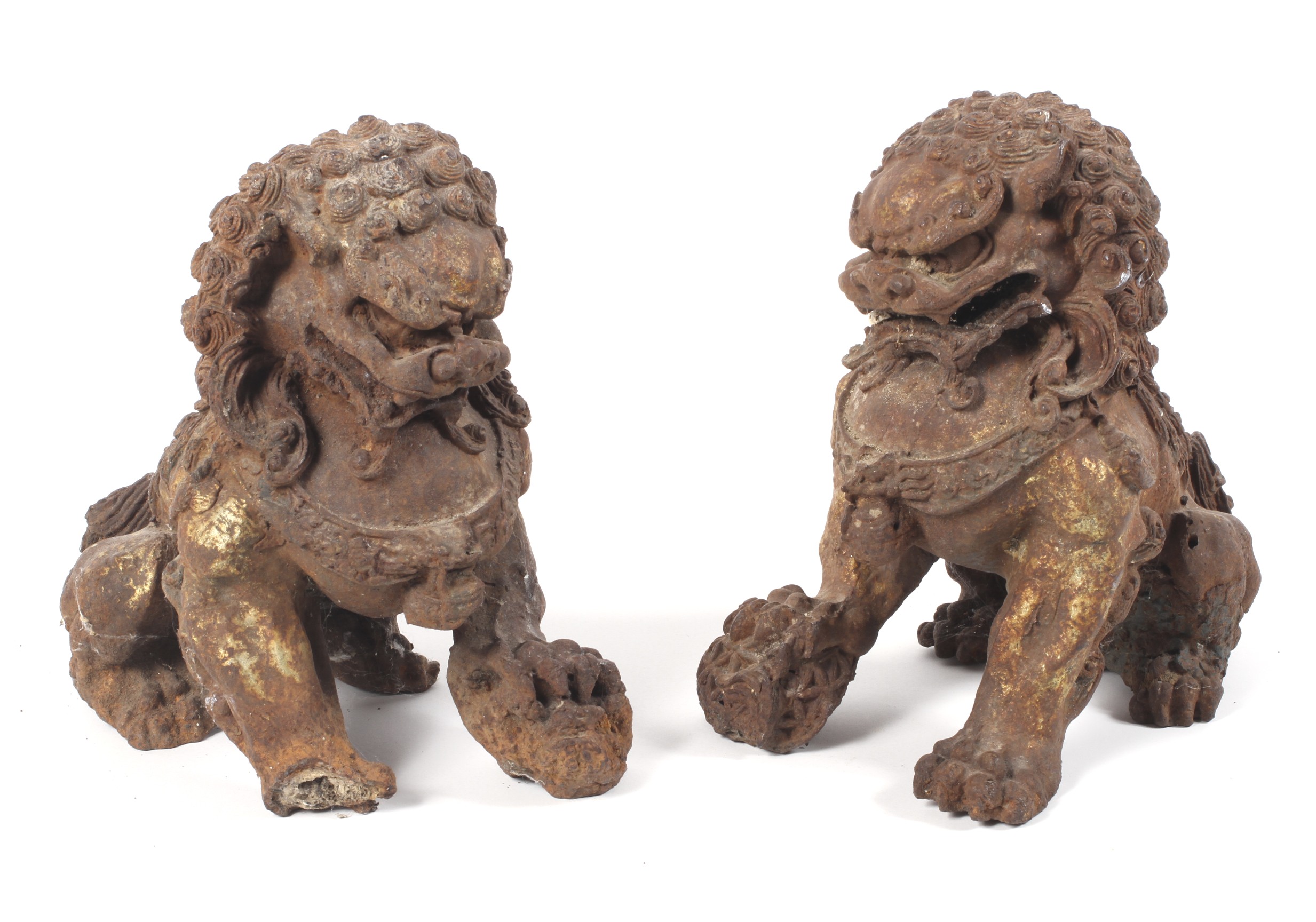 A pair of Chinese cast iron lions, each modelled seated with front paw on a brocaded ball, - Image 14 of 15