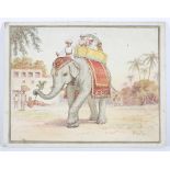 N Preston, a colonial scene of carparisoned elephant, early 20th century, watercolour on card,