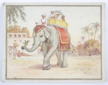 N Preston, a colonial scene of carparisoned elephant, early 20th century, watercolour on card,