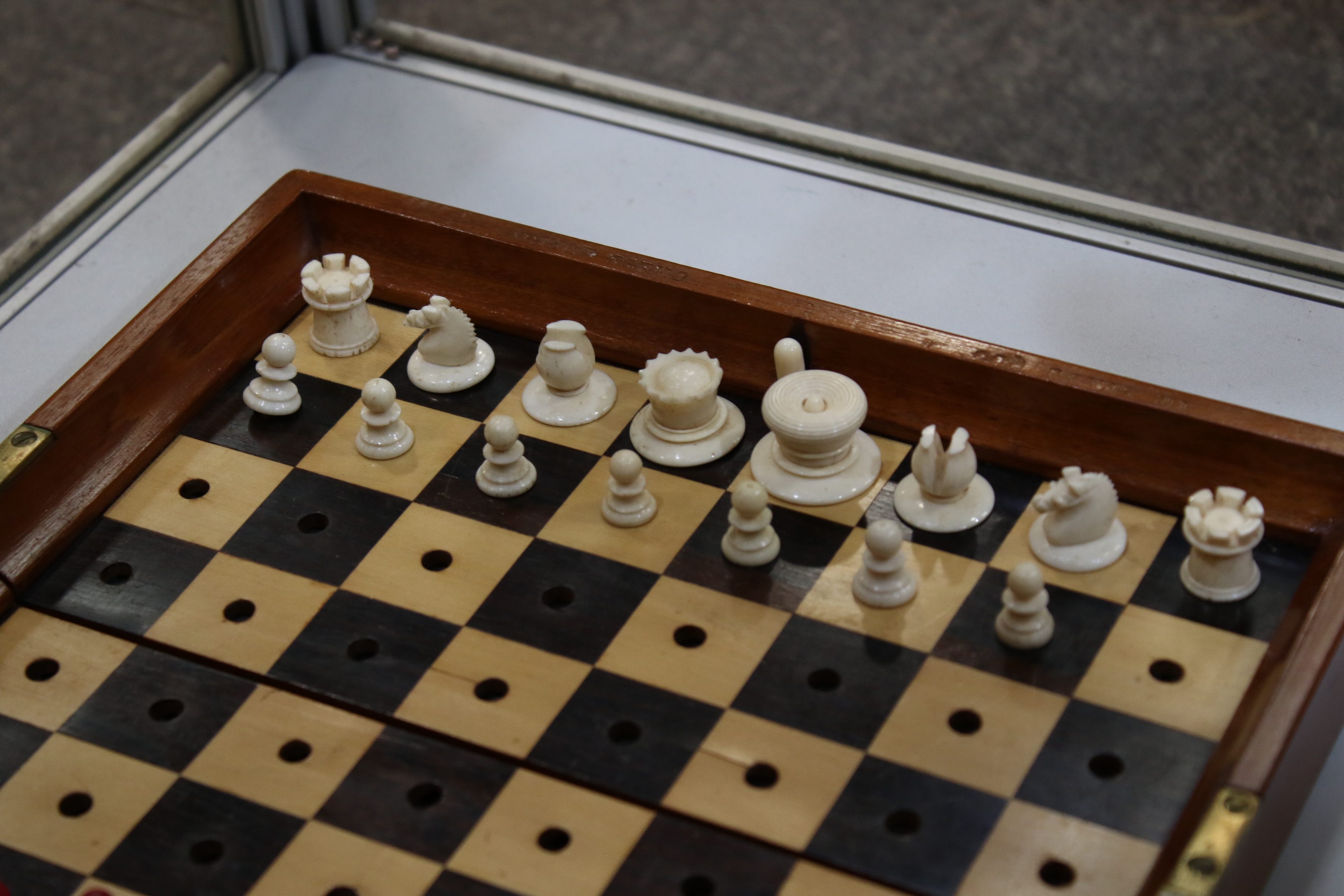 A Jacques & Son (London) travelling chess set in box, with folding mahogany chess board, - Image 3 of 16