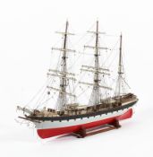 A 20th century large scratch built model of a sailing ship, with three masts,