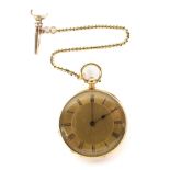 A Victorian yellow metal ladies fob watch with chain and key,