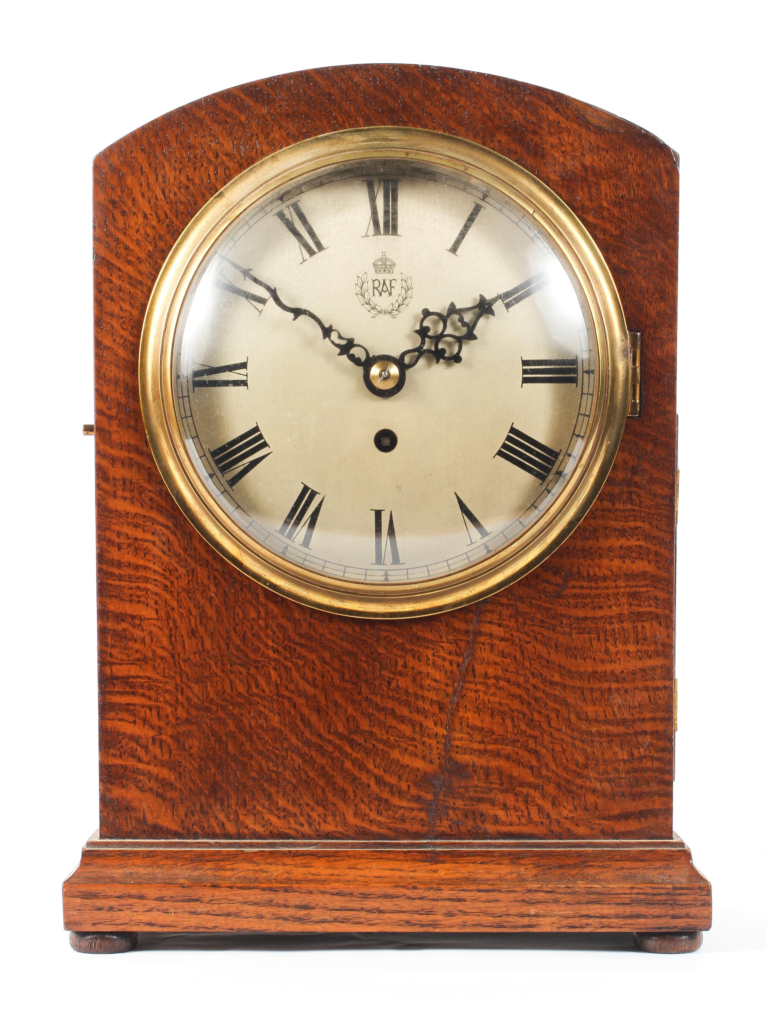 A World War II era oak cased RAF fusee mantel clock, of arched rectangular form, - Image 2 of 8
