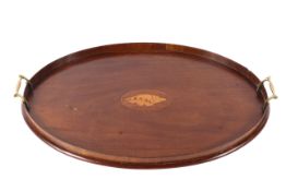 A Georgian mahogany marquetry two-handled oval tray, with shell vignette to centre,