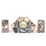 A French Art Deco eight day striking marble clock garniture, the ivorine dial with Arabic numerals,