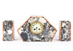 A French Art Deco eight day striking marble clock garniture, the ivorine dial with Arabic numerals,