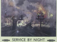 A framed vintage British Railways poster titled Service by Night, after David Shepherd,