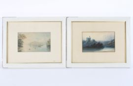 Two 19th Century watercolour landscapes, the first with a castle before a lake,