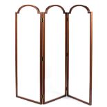 A 19th century mahogany three fold glass screen, with arched rectangular frame,