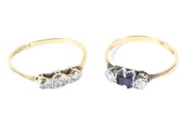 Two 18ct gold and platinum set rings, one with a central sapphire flanked by two diamonds,