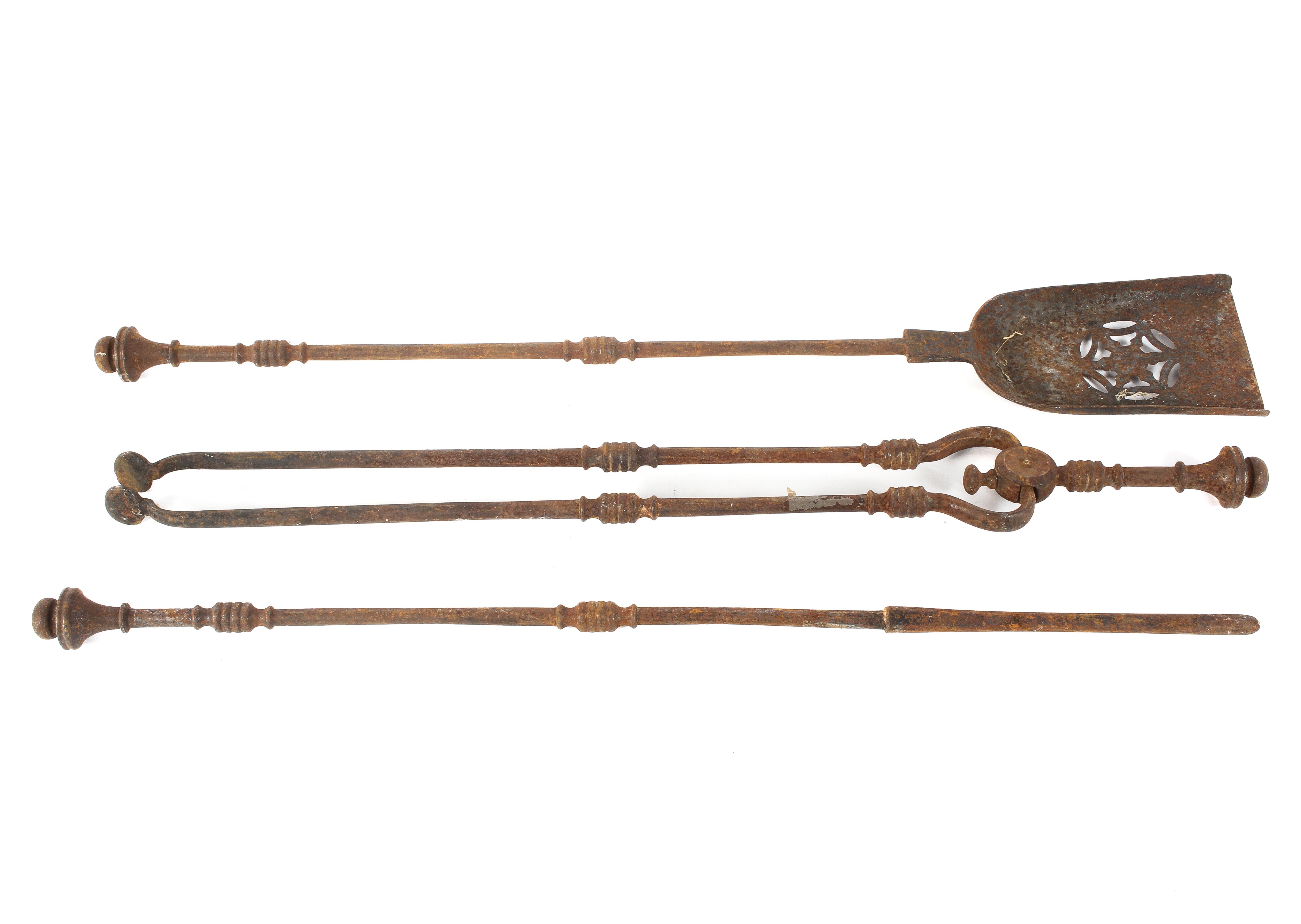 Set of three Georgian steel fire tools, comprising: tongs, a pocker and a shovel,