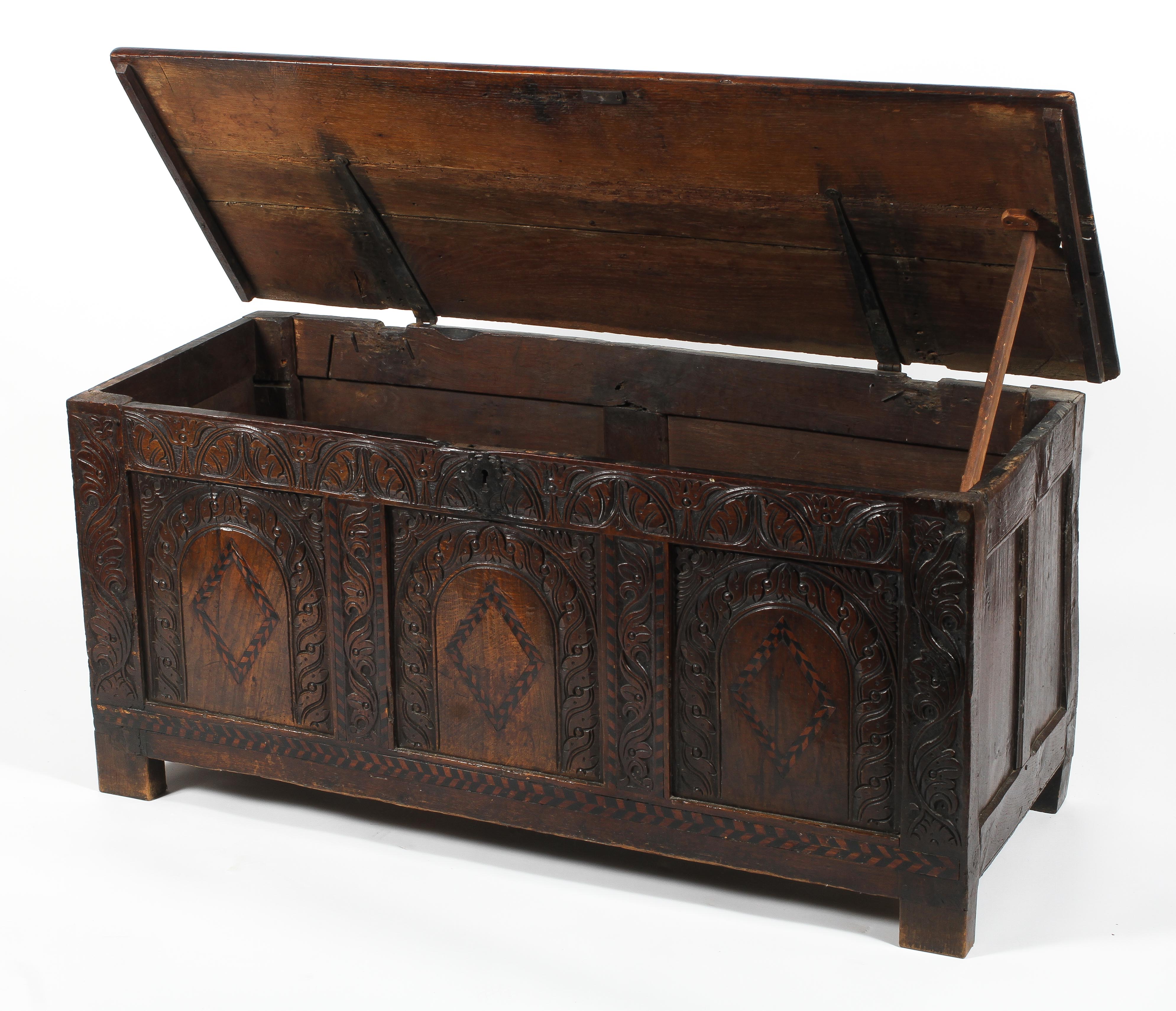 An 18th century oak and marquetry inlaid coffer, - Image 2 of 2