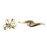 A 9ct gold brooch set with an amethyst and a brooch in the form of a bow,