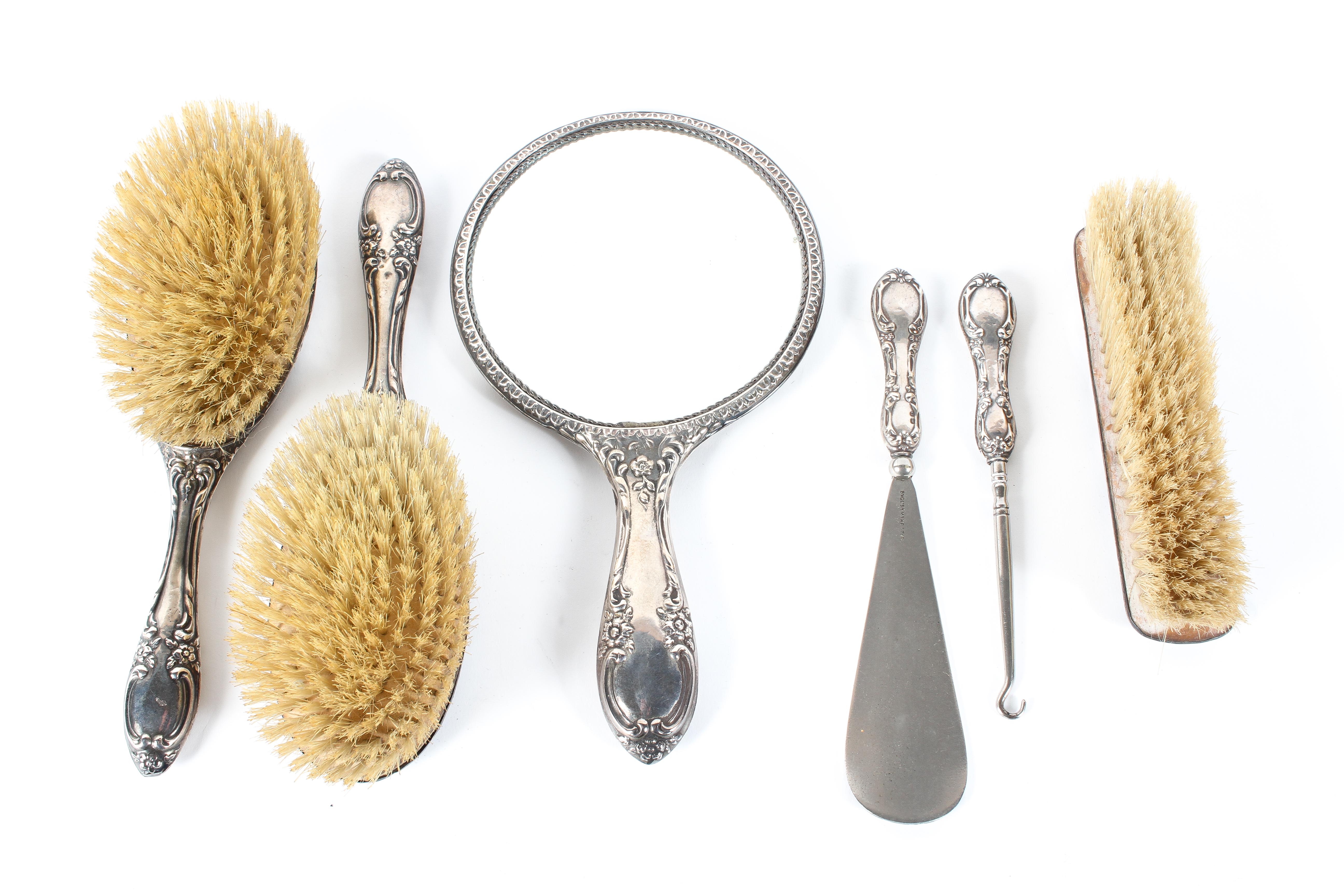A silver backed four piece dressing table set, including brushes, hand mirror and shoe horn, - Image 2 of 3