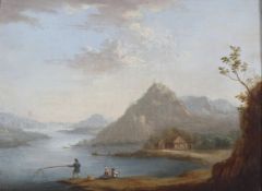 19th Century School, Mountainous Lakeside scene with Fishermen, oil on board, in giltwood frame,