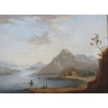 19th Century School, Mountainous Lakeside scene with Fishermen, oil on board, in giltwood frame,