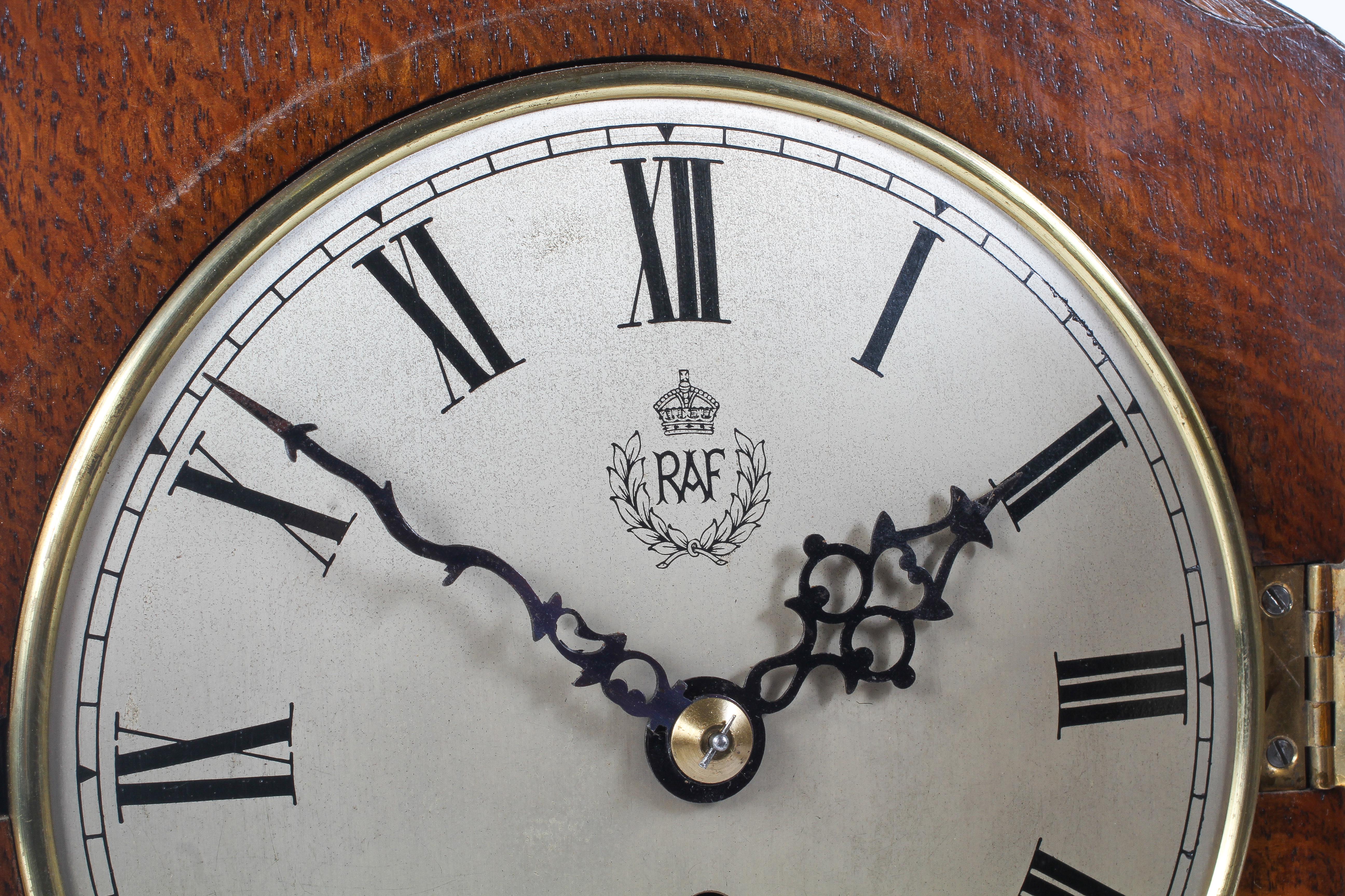 A World War II era oak cased RAF fusee mantel clock, of arched rectangular form, - Image 3 of 8