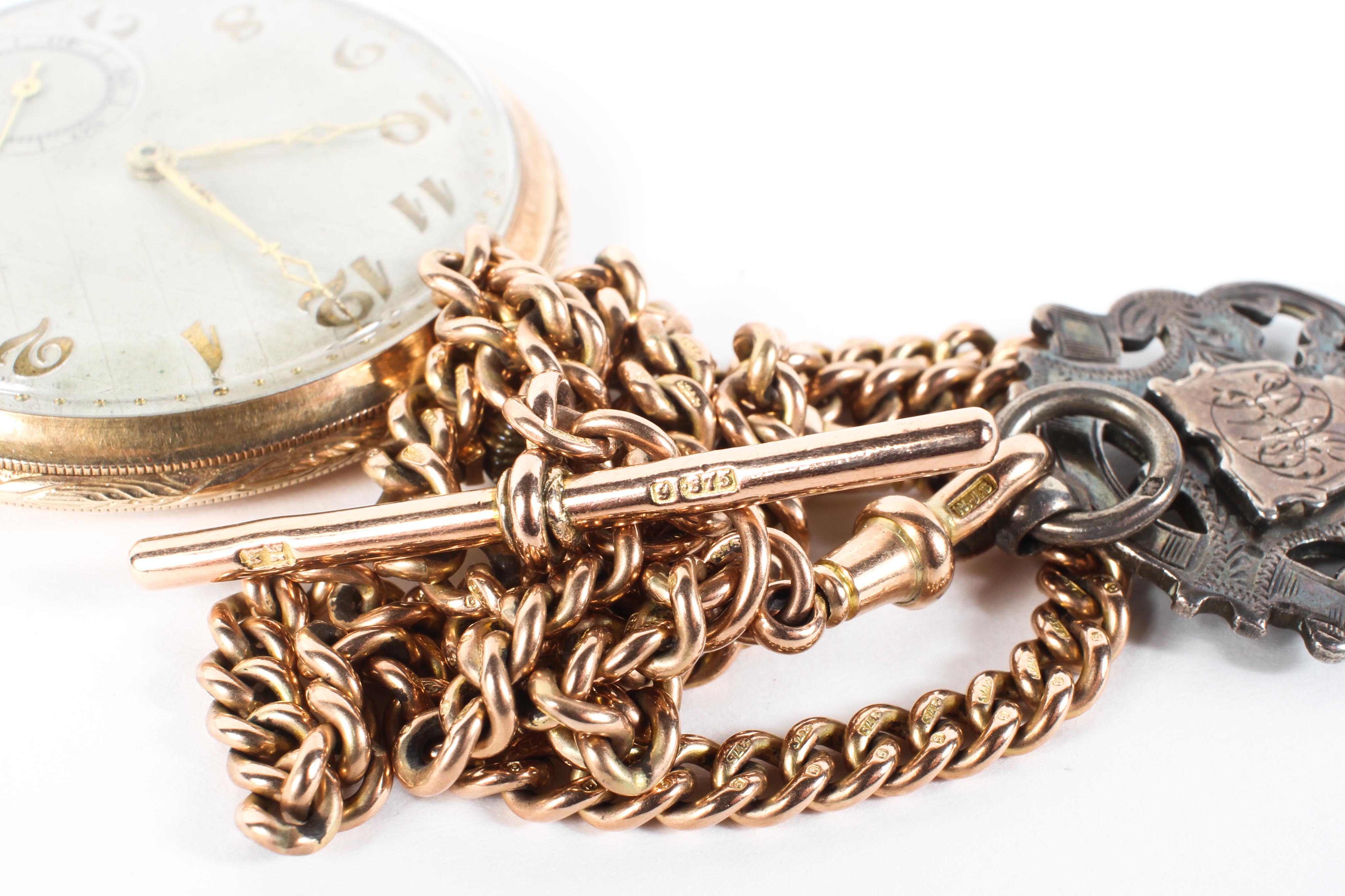 A 9ct gold open faced pocket watch with attached 9ct gold Albert chain, - Image 5 of 5