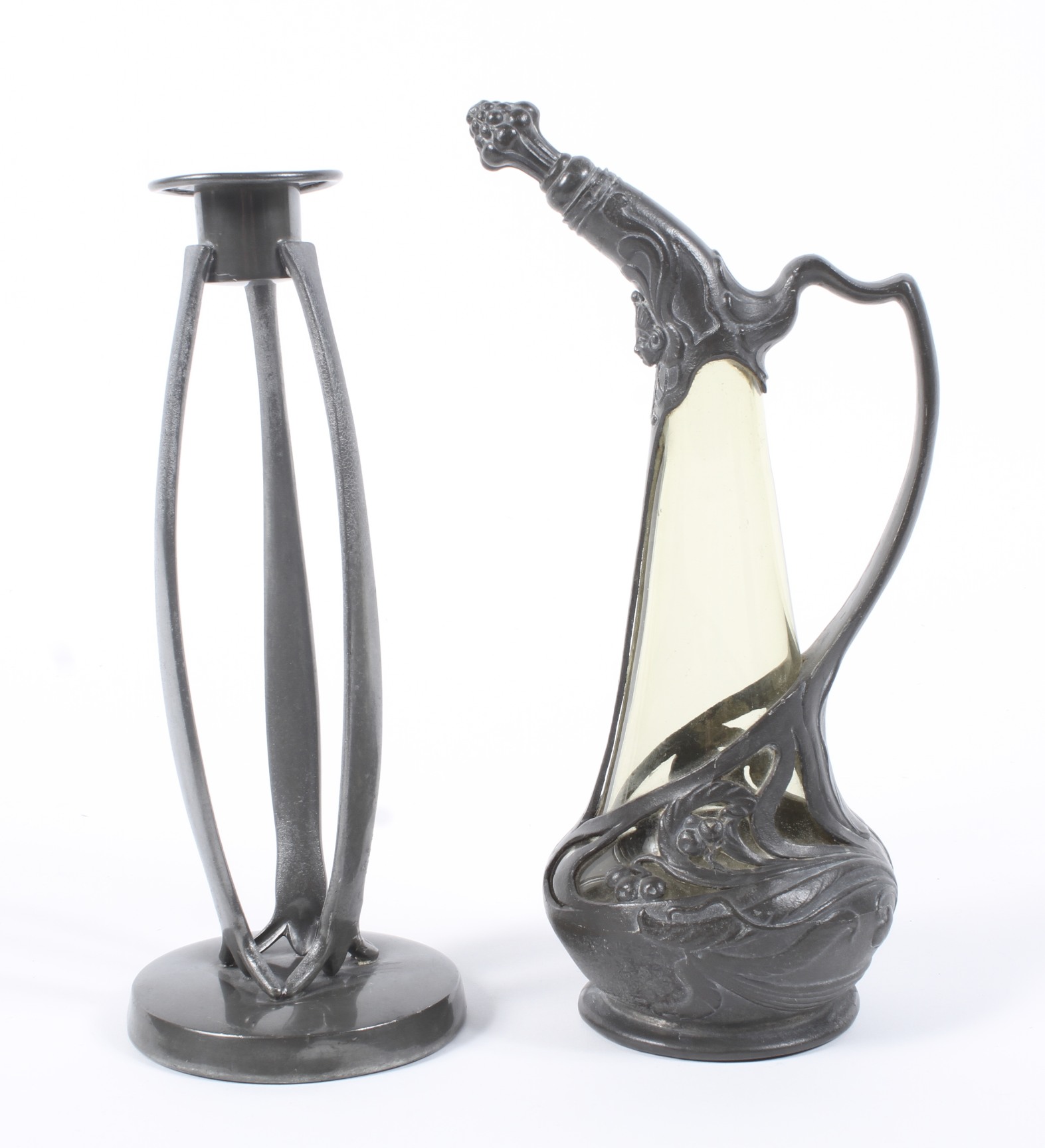 A Continental pewter and glass mounted Art Nouveau ewer and stopper and an English Pewter