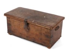 A late 18th century elm twin handled travelling trunk with internal candlebox