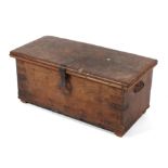 A late 18th century elm twin handled travelling trunk with internal candlebox